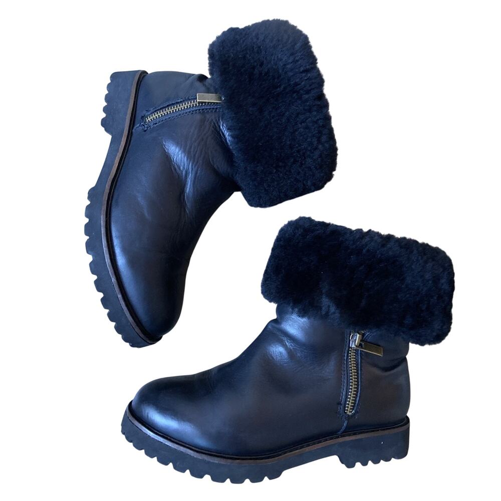 Atwell Dwight Rustic Boots Women Sz 6 Black Leather & Shearling Side Zipper